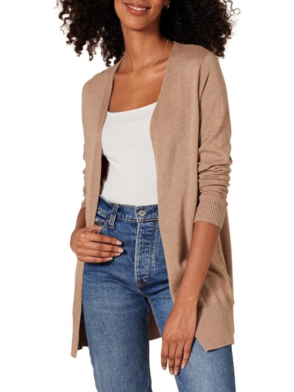 Amazon Essentials Women's Camel Heather Long Sleeve Open Front Cardigan Sweaters
